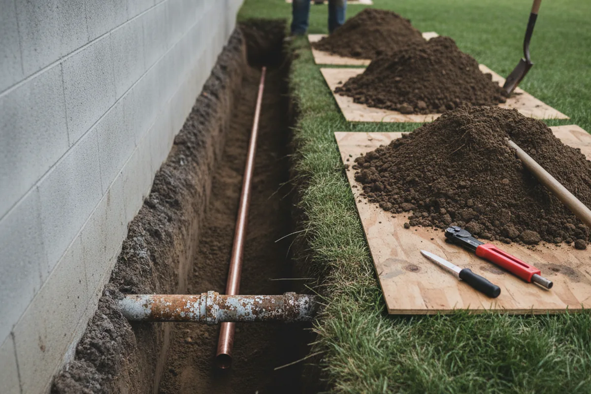 Excavated water line trench during Water Softener Installation in Hanahan